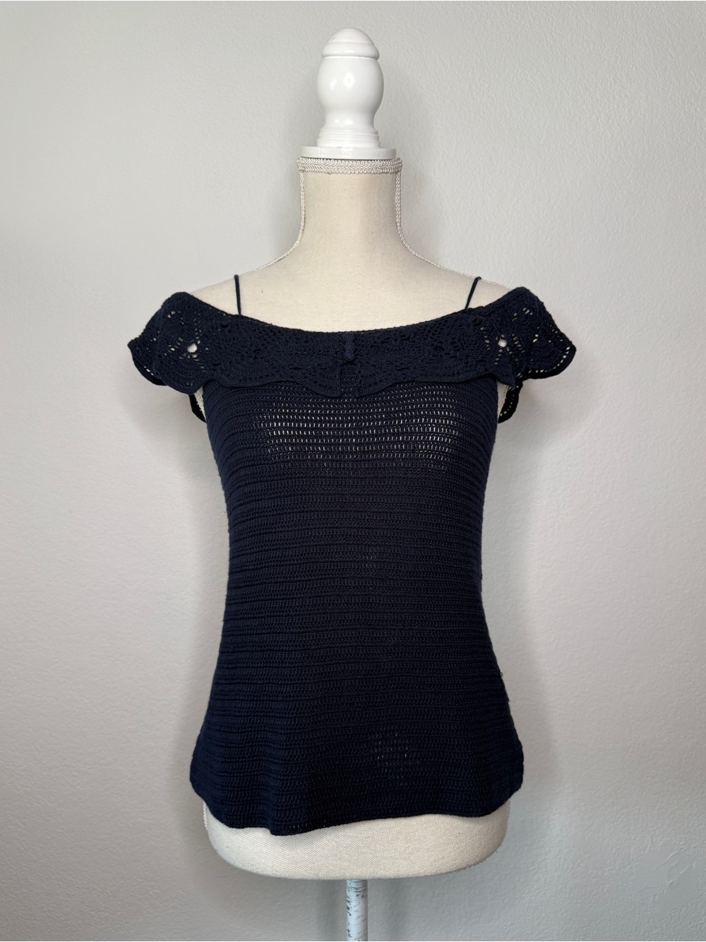 Lauren Ralph Lauren Navy Off‑Shoulder Hand Knit Silk Cotton Top Size S